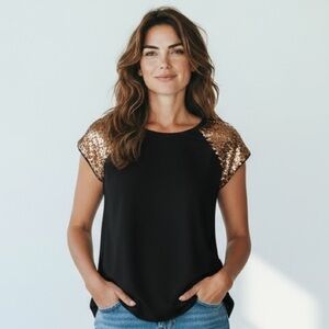 Fun & Flirt Chic Black and Gold Sheer Sequined Top M NWOT